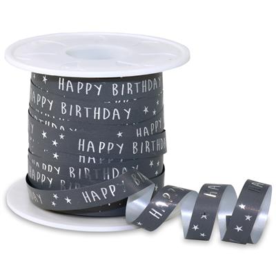 Luxe Krullint Happy Birthday Grijs – 10mm - Decoratielint